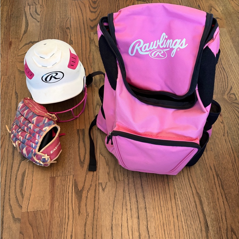 Rawlings/Easton Pink Kids Softball Backpack Glove Helmet Set